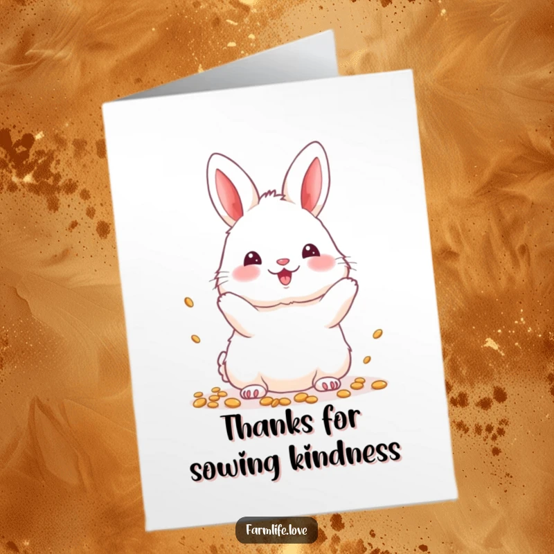 Funny Free Printable Thank You Card of a fluffy bunny happily throwing seeds, great for expressing thanks with a smile.