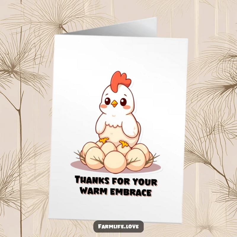 Funny Free Printable Thank You Card: A contented hen shielding a clutch of eggs, a symbol of gratitude and protection.