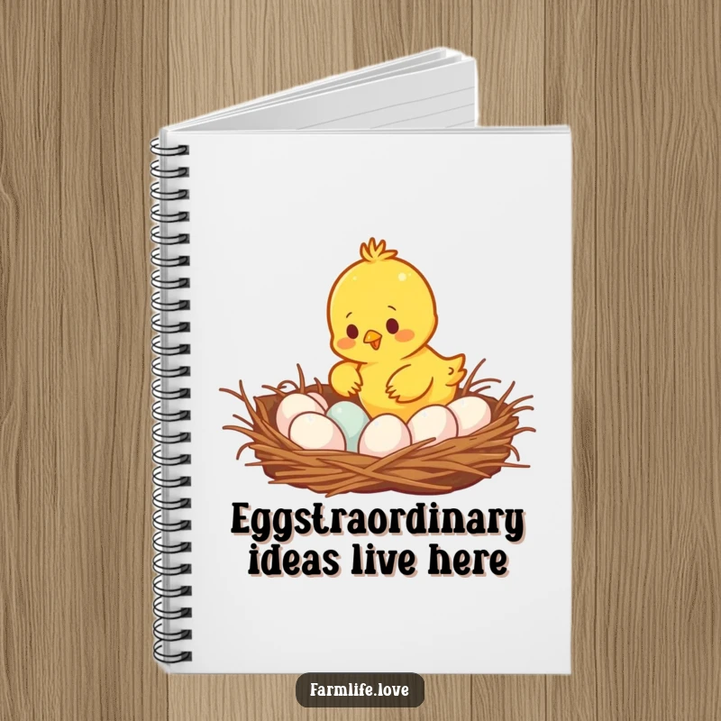 Funny busy yellow chick gathering eggs from a cozy nest, a humorous notebook perfect for capturing thoughts and ideas.