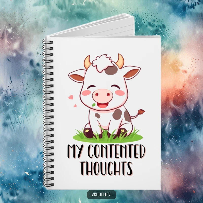 Funny Notebook with a happy cow contentedly munching grass, ideal for journaling with a humorous farm theme.