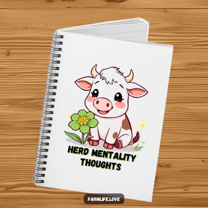 Funny notebook with a cheerful cow chewing clover, perfect for jotting down notes with a touch of farm-themed humor.