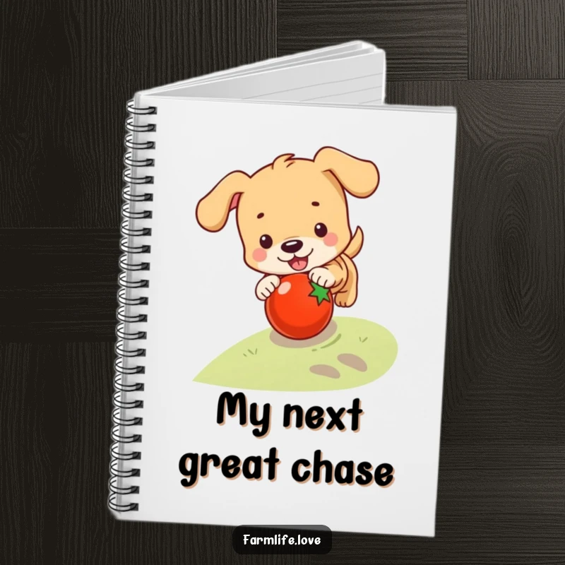Funny notebook depicting a playful puppy chasing a rolling tomato, perfect for notes and doodles with humorous pet charm.