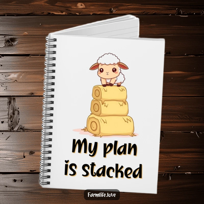 Funny notebook: A curious sheep comically tries to balance hay bales, inspiring notes on organization and humorous challenges.