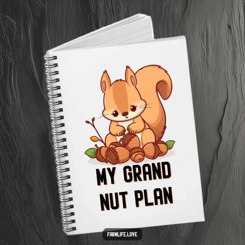 Funny notebook depicting a determined squirrel gathering acorns, perfect for planning and note-taking with a humorous twist.