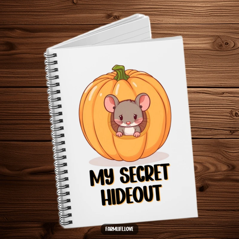 Funny notebook depicting a mouse peeking from a pumpkin, perfect for notes with a humorous Halloween touch.