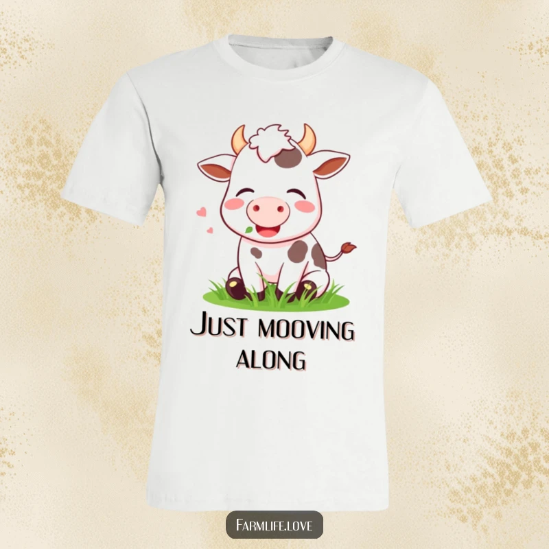 Funny T-Shirt depicting a content cow happily munching on grass, capturing a humorous and peaceful countryside vibe.