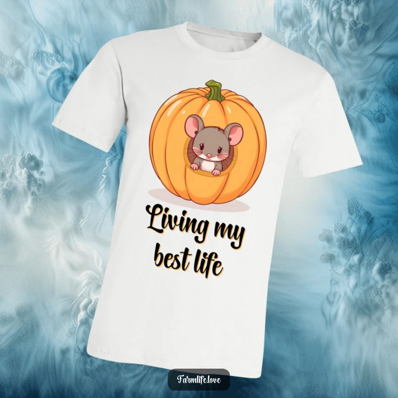 Funny t-shirt depicting a tiny mouse curiously peeking from inside a ripe pumpkin, full of autumnal charm and humor.