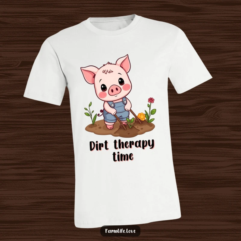 Funny T-Shirt: A cheerful piglet in overalls happily cultivating a small garden plot.