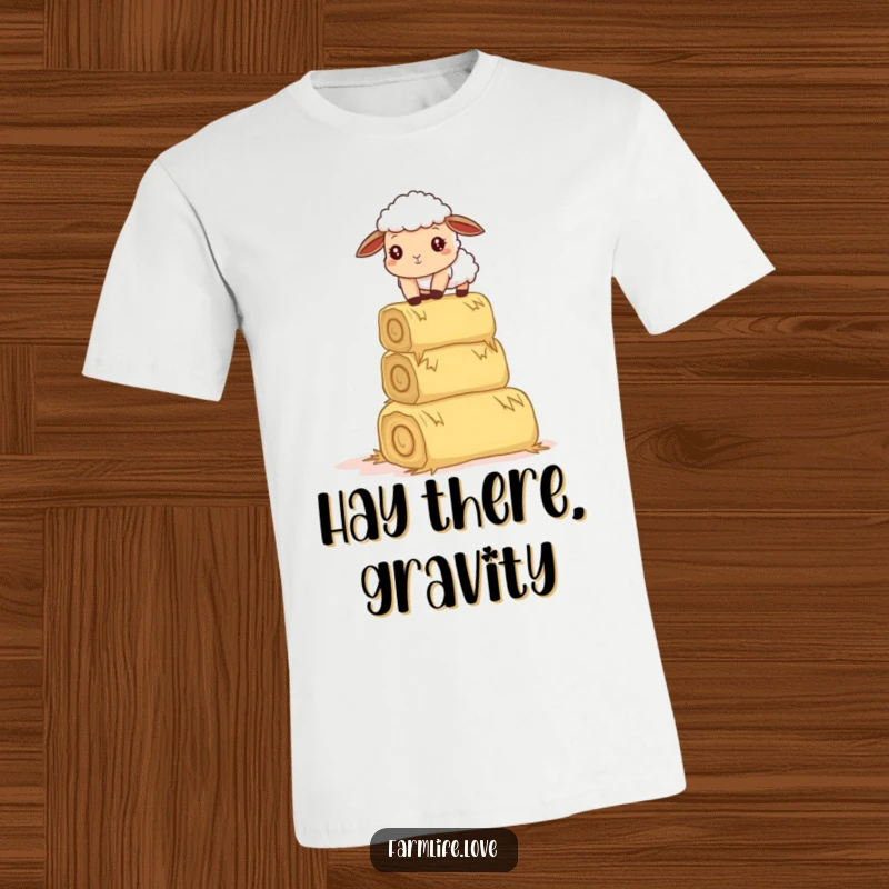 Funny t-shirt: A curious sheep comically tries to balance a precarious stack of hay bales, embodying determination and humor.