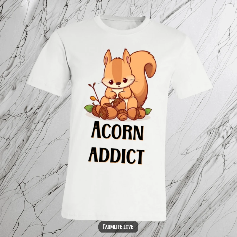 Funny t-shirt depicting a focused squirrel actively gathering acorns, showcasing a humorous take on productivity and ambition.