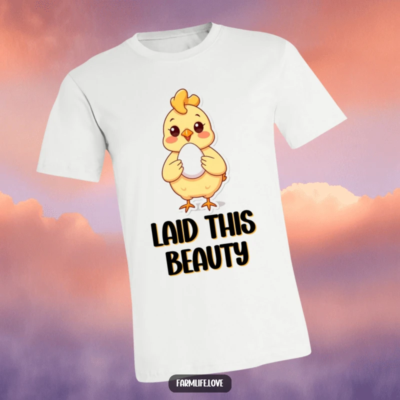 Funny T-Shirt featuring a cheerful chicken proudly presenting a perfect egg, capturing a humorous and accomplished farm vibe.