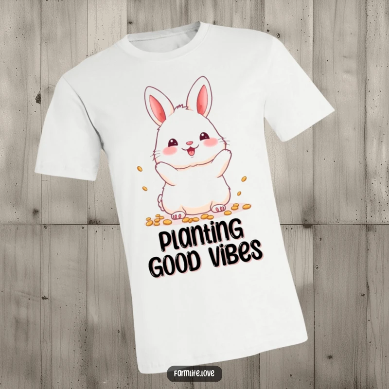 Funny T-Shirt: A fluffy white bunny happily throwing seeds, embodying the spirit of gardening.