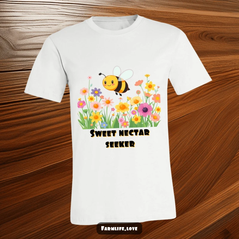 Funny t-shirt: A cheerful bee happily buzzes around a field of bright, colorful flowers, embodying industrious joy.