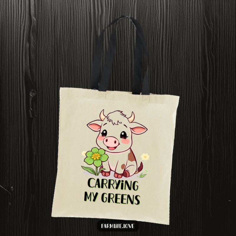 Funny tote bag depicting a cheerful cow engrossed in chewing a large clover, a practical and humorous farm-themed accessory.