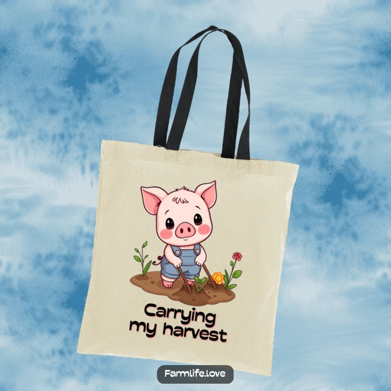 Funny Tote Bag: A cheerful piglet in overalls plowing a garden, ideal for carrying supplies.