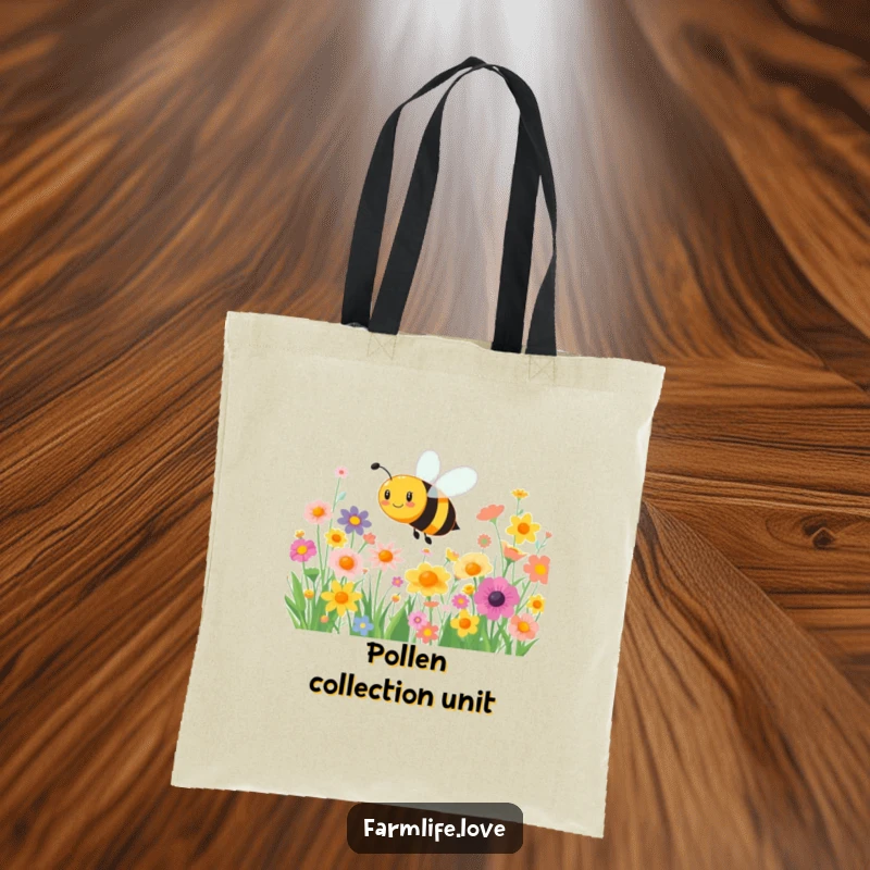 Funny tote bag: A happy bee joyfully buzzes around colorful flowers, showcasing its busy, cheerful, and vibrant nature.