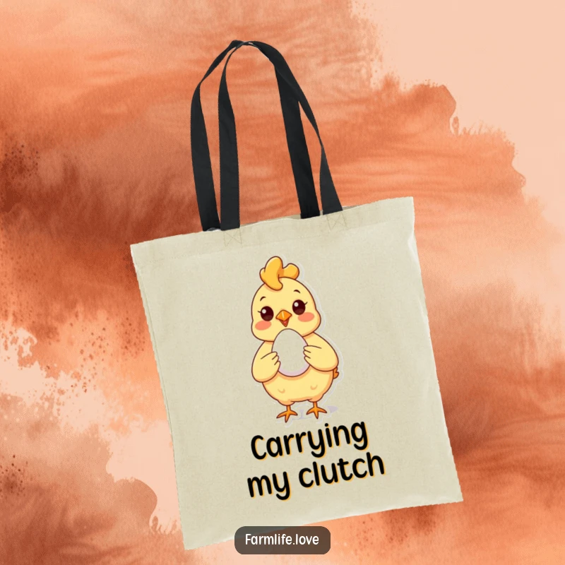 Funny Tote Bag with a cheerful chicken proudly displaying a perfect egg, perfect for carrying essentials with farm humor.