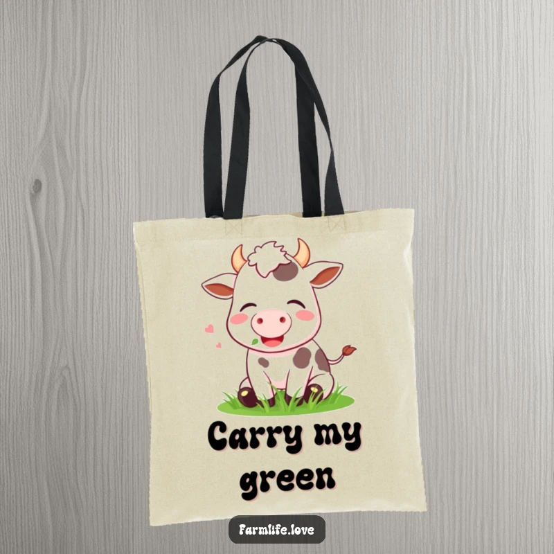 Funny Tote Bag with a happy cow contentedly munching grass, perfect for carrying essentials with farm humor.