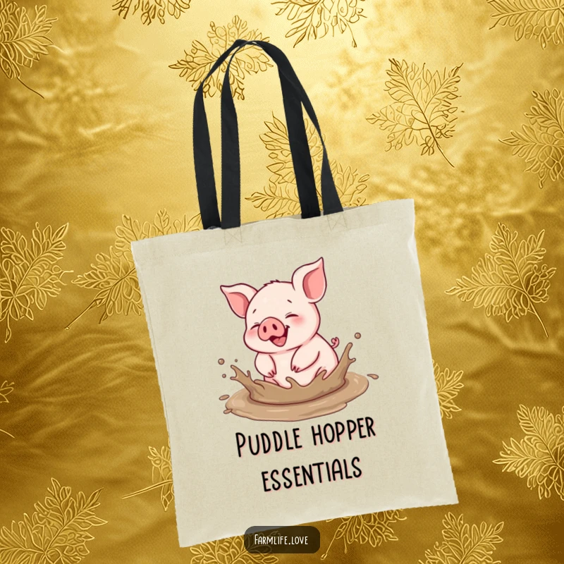 Funny tote bag: A delighted piglet joyfully plays in a muddy puddle, showcasing its messy, gleeful, and carefree spirit.